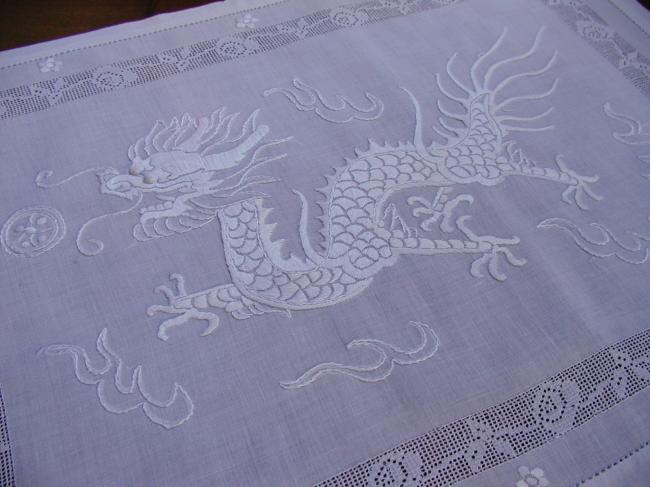 Spectacular table centre with silk embroidered dragon and drawn thread works
