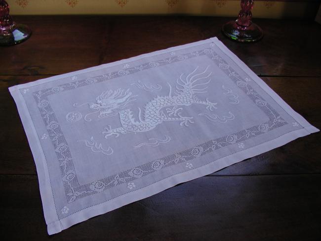 Spectacular table centre with silk embroidered dragon and drawn thread works