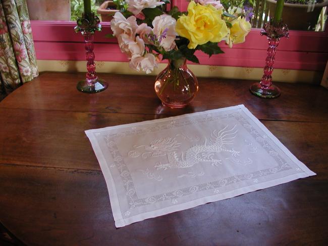 Spectacular table centre with silk embroidered dragon and drawn thread works