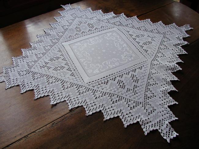 Superb square damask table centre with hand-made crochet lace & crown monogram