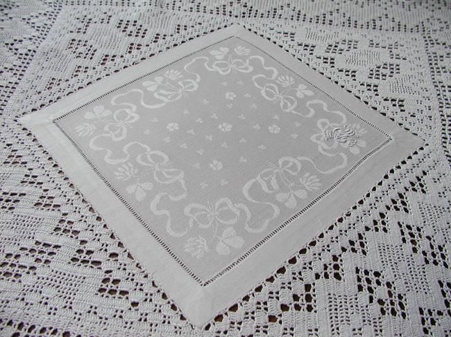 Superb square damask table centre with hand-made crochet lace & crown monogram
