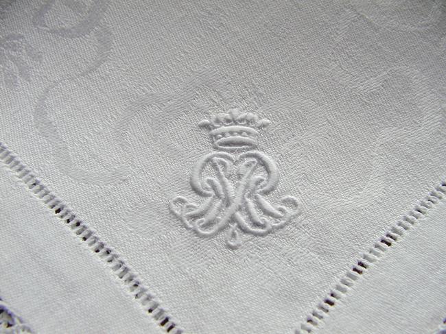 Superb square damask table centre with hand-made crochet lace & crown monogram