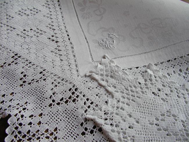 Superb square damask table centre with hand-made crochet lace & crown monogram