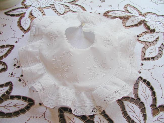 Stunning double bib with hand-embroidered flowers in ribbons & Valenciennes lace