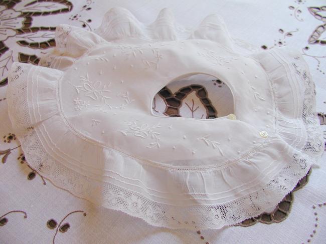 Stunning double bib with hand-embroidered flowers in ribbons & Valenciennes lace
