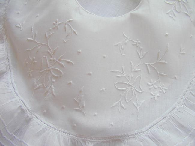 Stunning double bib with hand-embroidered flowers in ribbons & Valenciennes lace