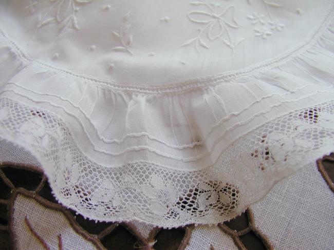 Stunning double bib with hand-embroidered flowers in ribbons & Valenciennes lace