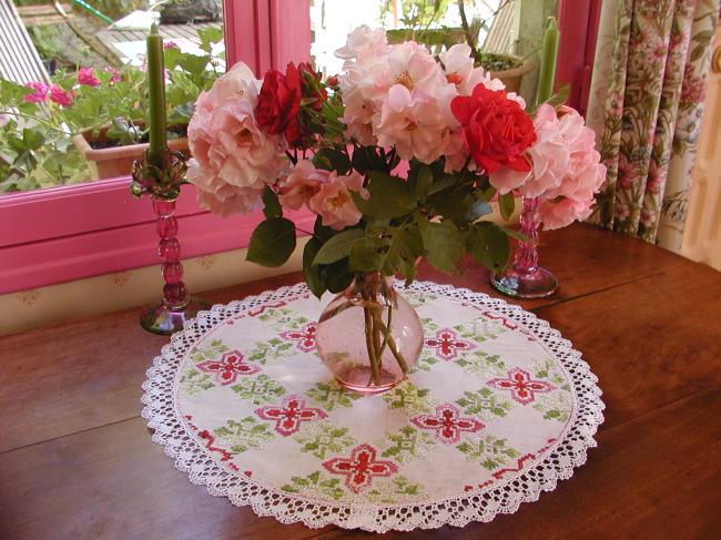 Gorgeous large table centre with hand embroidered cross stitches flowers