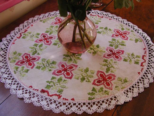 Gorgeous large table centre with hand embroidered cross stitches flowers