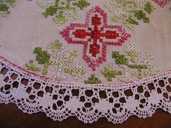 Gorgeous large table centre with hand embroidered cross stitches flowers