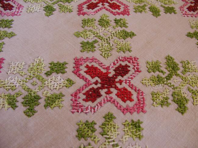 Gorgeous large table centre with hand embroidered cross stitches flowers