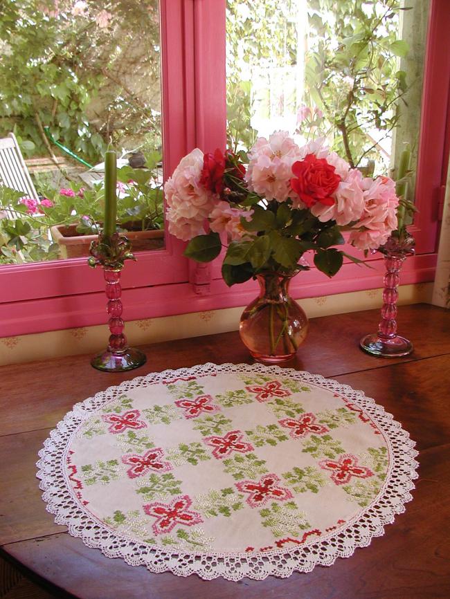 Gorgeous large table centre with hand embroidered cross stitches flowers