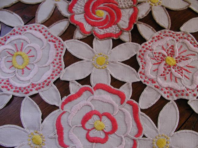 Stunning table centre in Rochelieu colourful embroidery of flowers