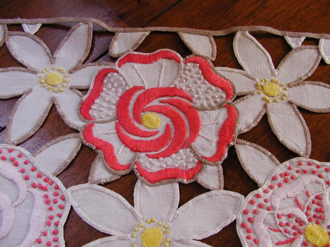 Stunning table centre in Rochelieu colourful embroidery of flowers