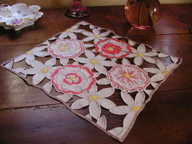 Stunning table centre in Rochelieu colourful embroidery of flowers