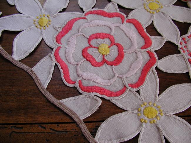Stunning table centre in Rochelieu colourful embroidery of flowers