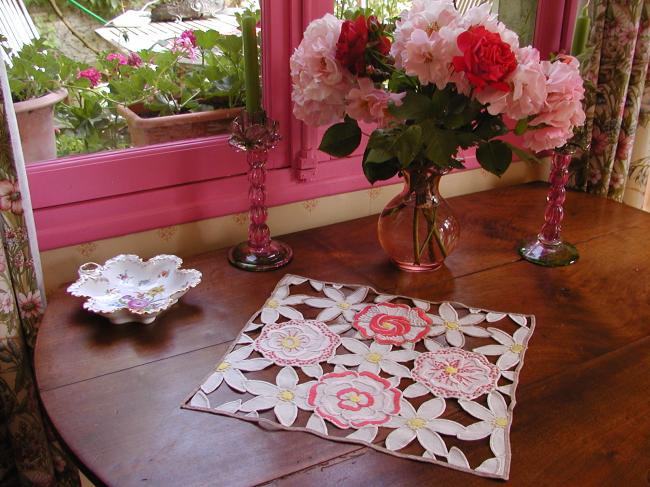 Stunning table centre in Rochelieu colourful embroidery of flowers