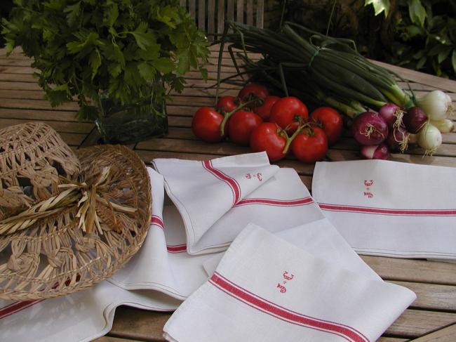 Set of 8 french tea towels (torchons) in linen with  red monogram JC