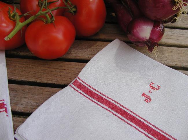 Set of 8 french tea towels (torchons) in linen with  red monogram JC