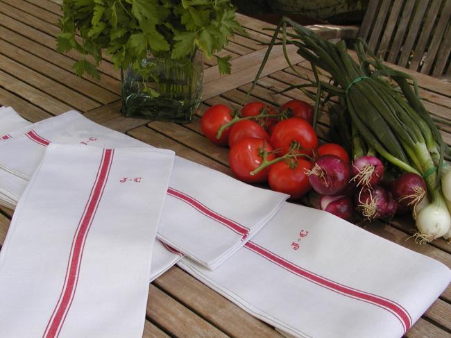 Set of 8 french tea towels (torchons) in linen with  red monogram JC