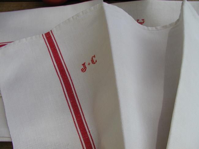 Set of 8 french tea towels (torchons) in linen with  red monogram JC
