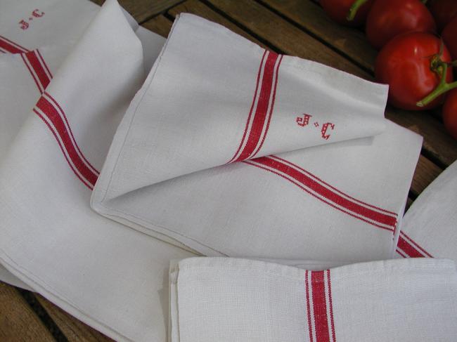 Set of 8 french tea towels (torchons) in linen with  red monogram JC