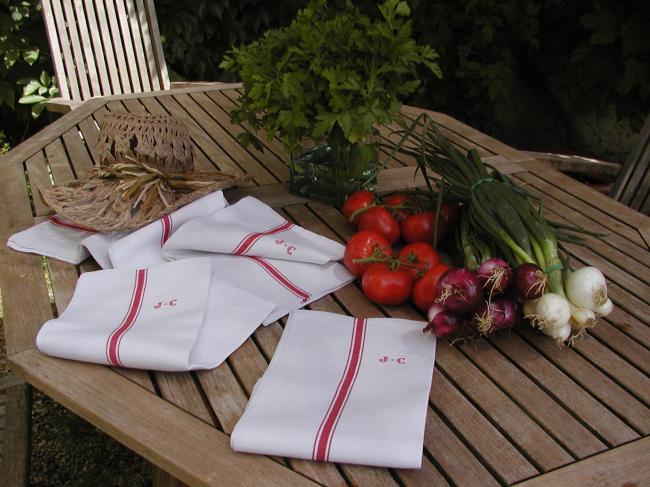 Set of 8 french tea towels (torchons) in linen with  red monogram JC