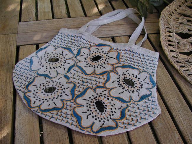 So charming linen bag with hand  embroidered large flowers 1930
