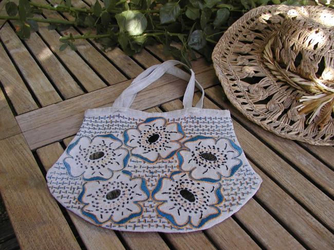 So charming linen bag with hand  embroidered large flowers 1930