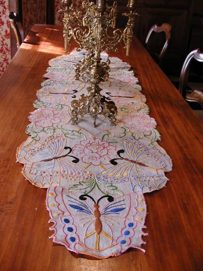 Breathtaking hemp table runner with colourful hand embroidered butterflies
