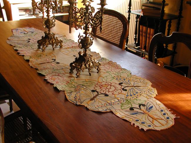 Breathtaking hemp table runner with colourful hand embroidered butterflies