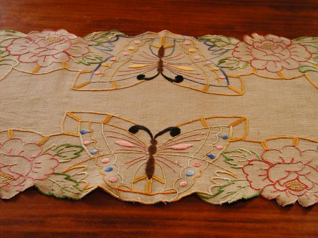 Breathtaking hemp table runner with colourful hand embroidered butterflies