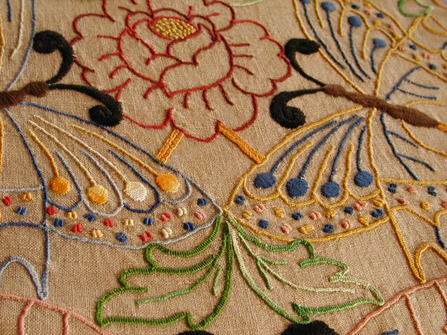 Breathtaking hemp table runner with colourful hand embroidered butterflies