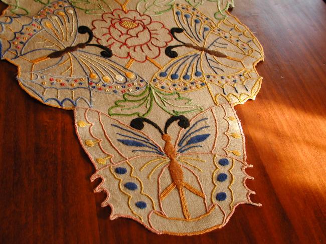 Breathtaking hemp table runner with colourful hand embroidered butterflies