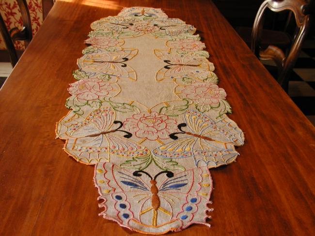 Breathtaking hemp table runner with colourful hand embroidered butterflies