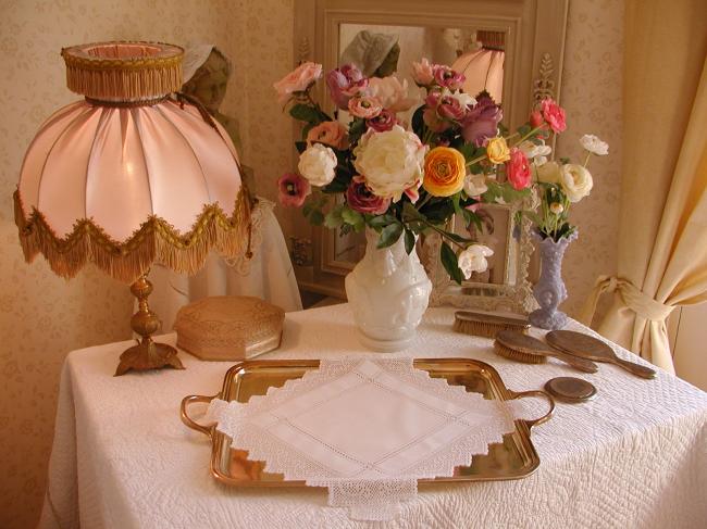 Lovely linen table centre with hand-made crochet lace & drawn thread river