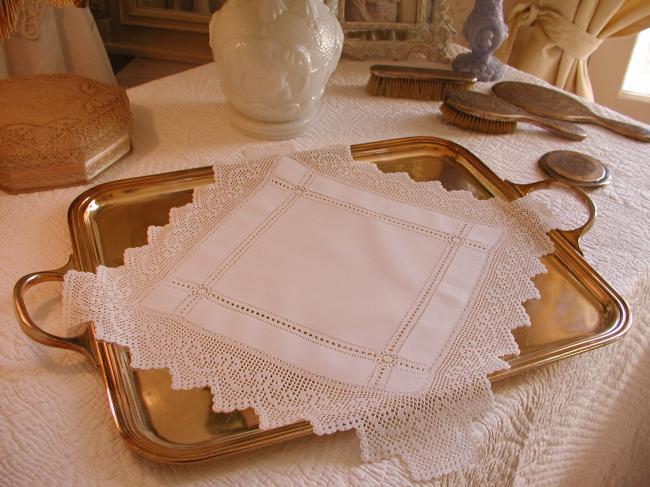 Lovely linen table centre with hand-made crochet lace & drawn thread river