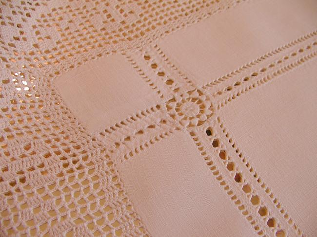 Lovely linen table centre with hand-made crochet lace & drawn thread river