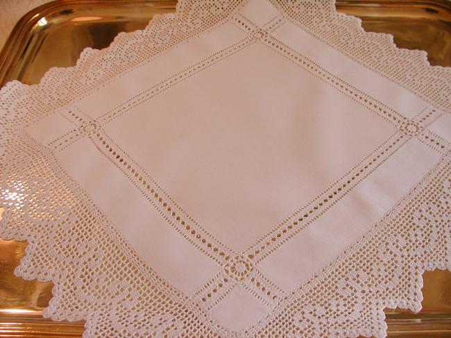 Lovely linen table centre with hand-made crochet lace & drawn thread river