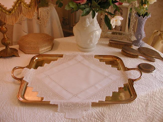 Lovely linen table centre with hand-made crochet lace & drawn thread river