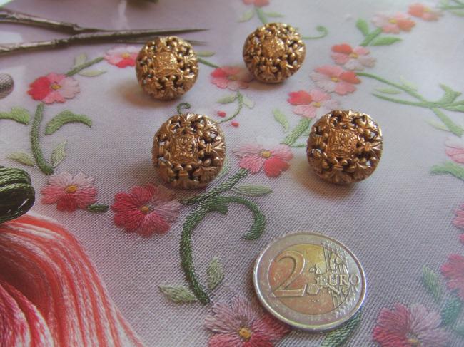 Magnifique série de 4 boutons bombés en cuivre ciselé, fleurs de Lys