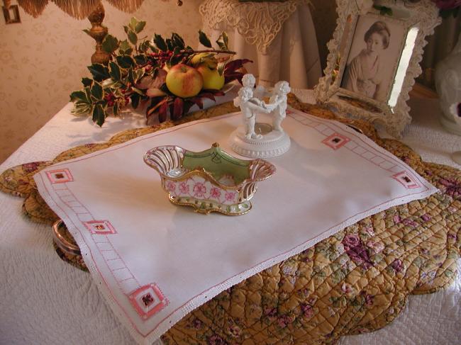 Superb linen table centre with hand-made pink embroidery