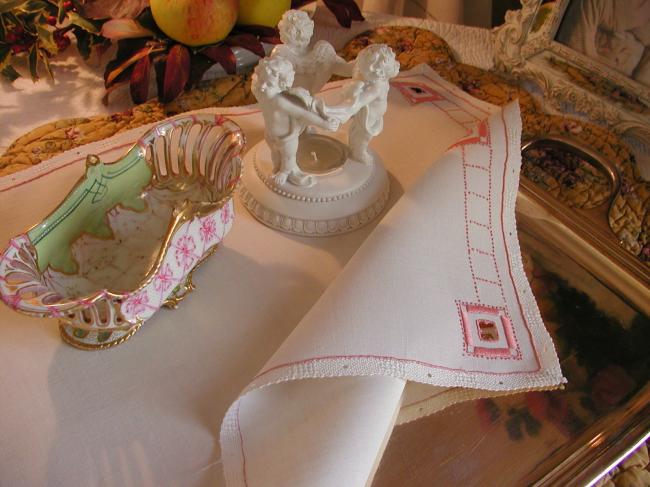 Superb linen table centre with hand-made pink embroidery