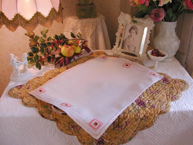 Superb linen table centre with hand-made pink embroidery