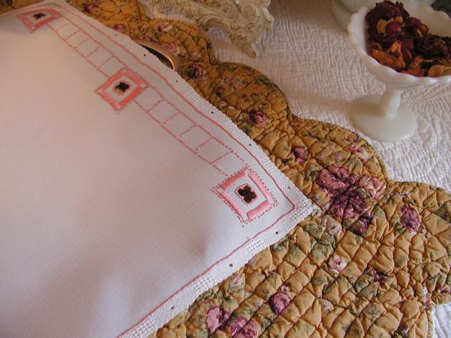 Superb linen table centre with hand-made pink embroidery