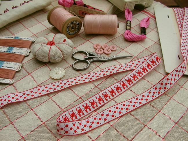 Superbe ruban tissé en coton à petits pois de couleur blanc & rouge, 1930, 16mm