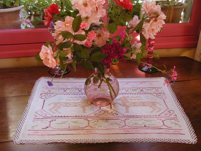 Lovely cross stitches table centre with embroidered stags and birds