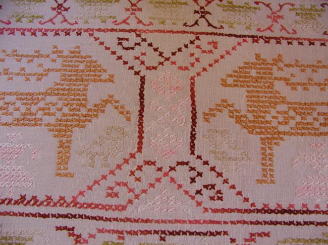 Lovely cross stitches table centre with embroidered stags and birds
