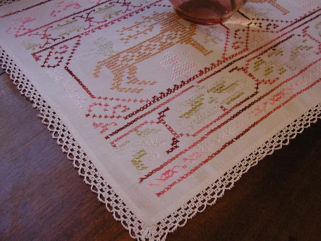 Lovely cross stitches table centre with embroidered stags and birds
