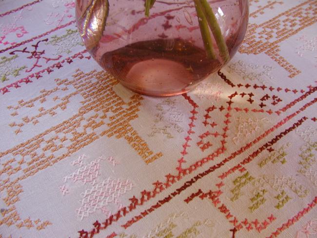 Lovely cross stitches table centre with embroidered stags and birds